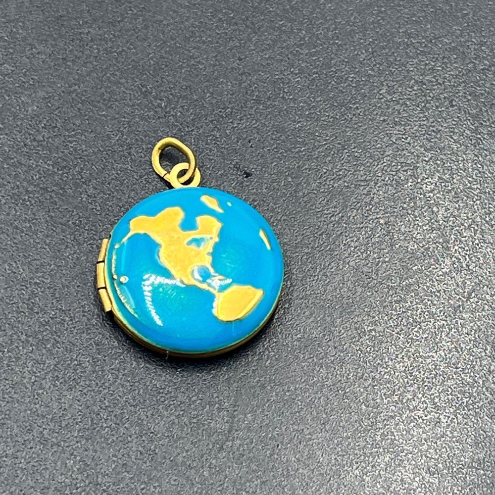 World Globe Planet Earth Blue Enamel Brass Gold Galaxy Ocean Hemisphere Locket